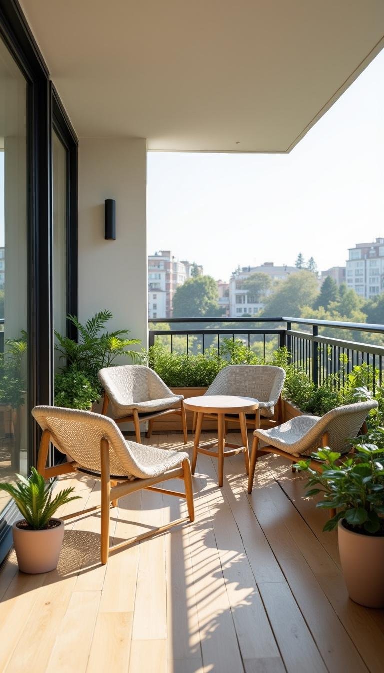 Minimalist balcony with succulents in pots and modern furniture, bright sunlight