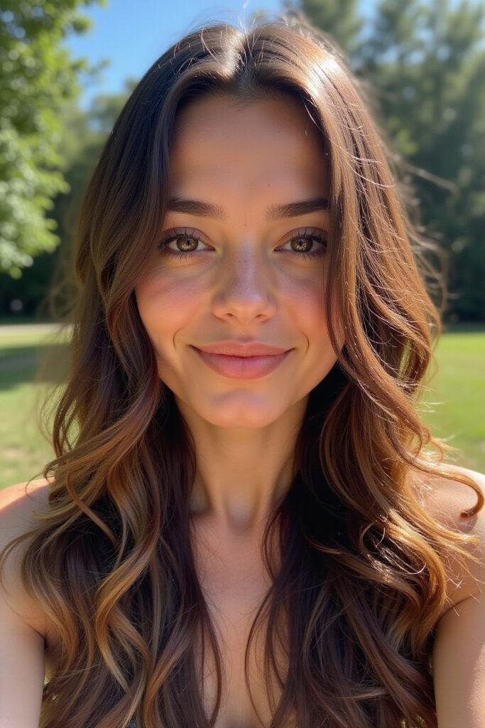 Brunette woman with sun-kissed highlights and long flowing hair enjoying a sunny summer day outdoors