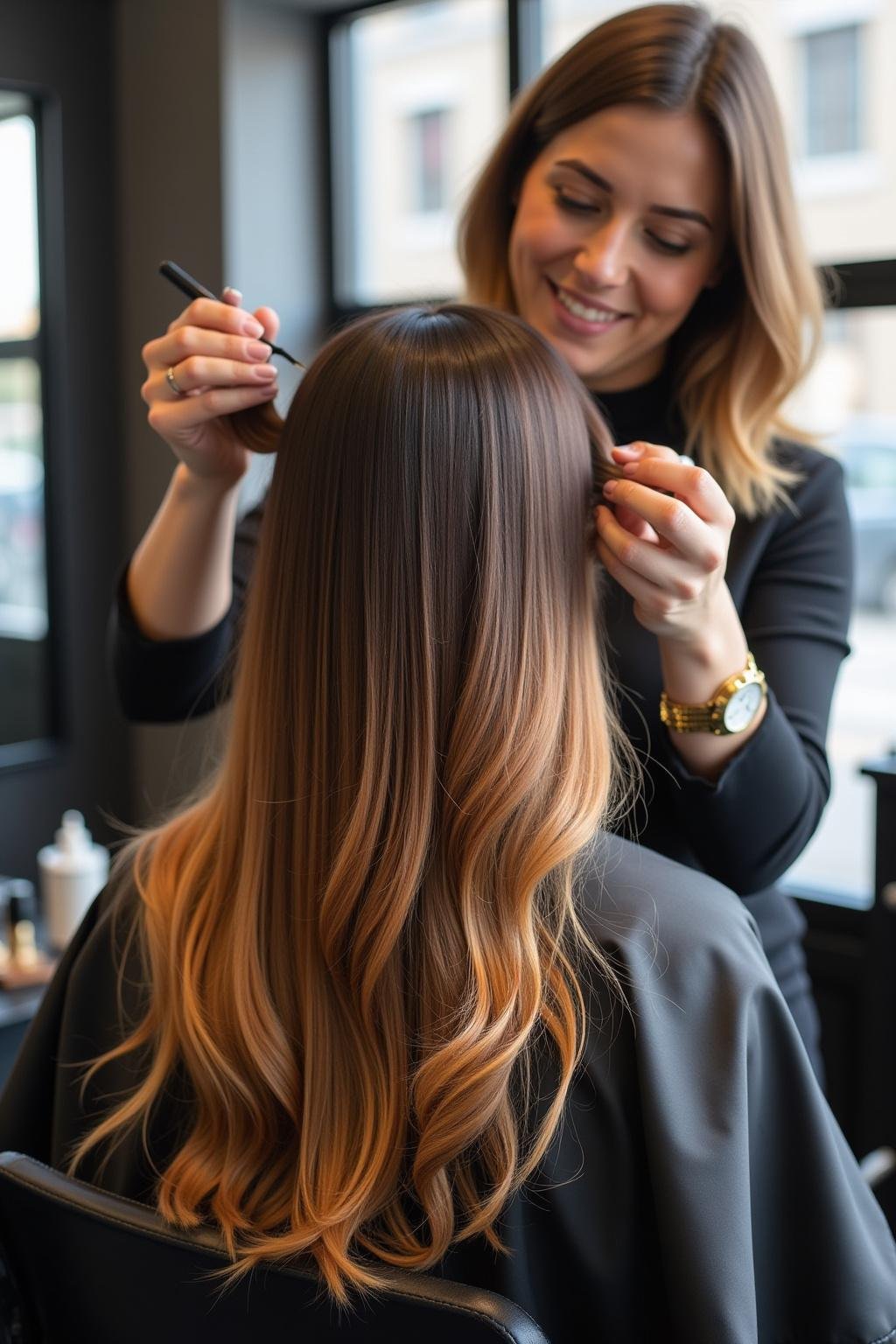 Professional hair stylist adding sun-kissed brunette highlights to a client's hair in a bright salon