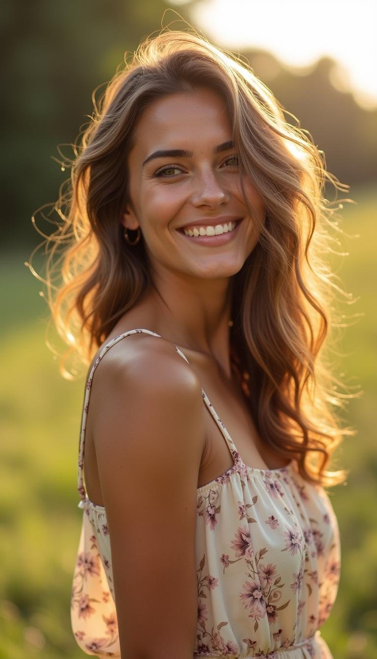 Happy brunette woman with sun-kissed highlights smiling outdoors on a summer day