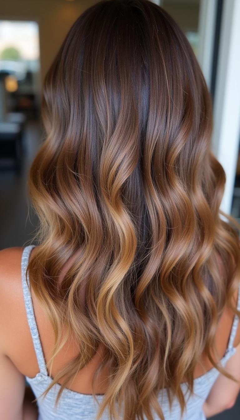 Sample swatches of brunette hair highlights in warm summer shades such as caramel and honey