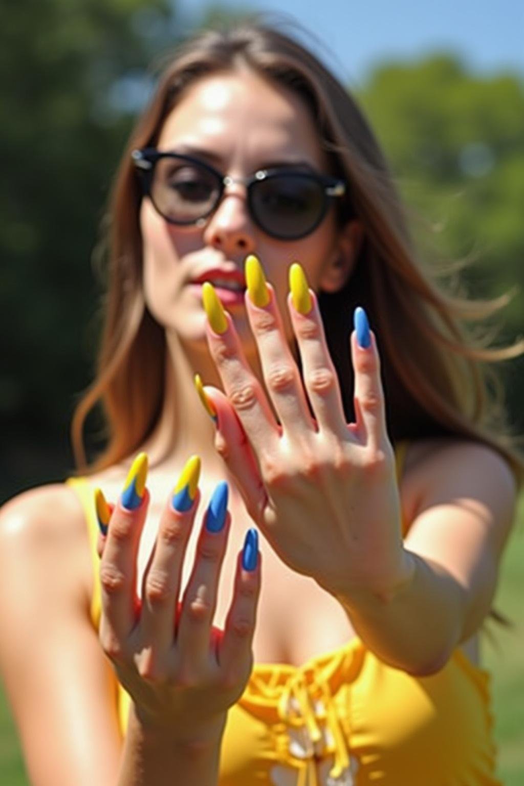 Model holding a drink with her hand showing trendy bright summer coffin nails in yellow and blue ocean-inspired design on sunny day