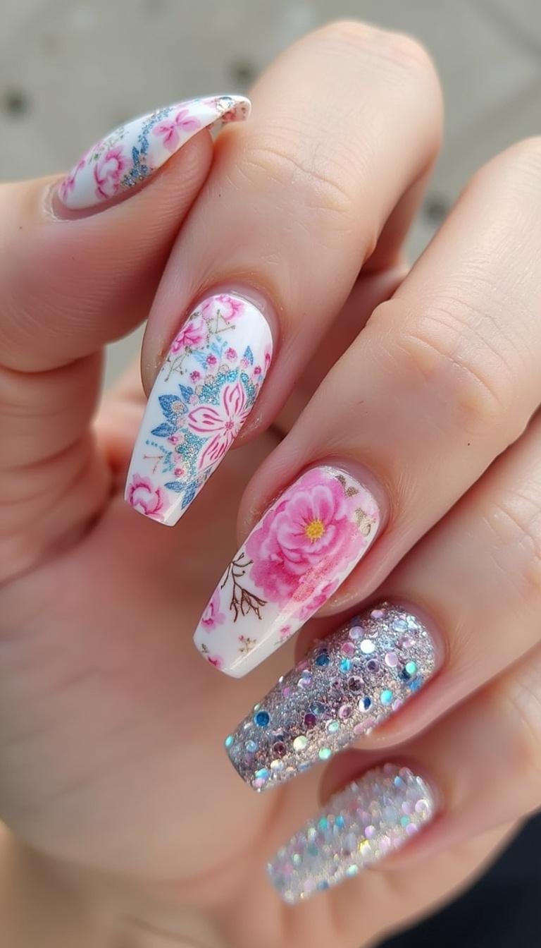 Collection of summer coffin nail art ideas featuring floral, geometric, and abstract designs in bright colors and glitter accents