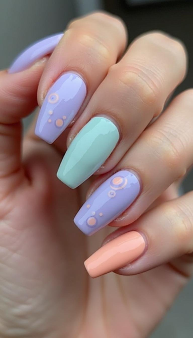 Woman's hand showing trendy pastel coffin nails in lavender, mint, and peach with shimmer accents for summer 2025