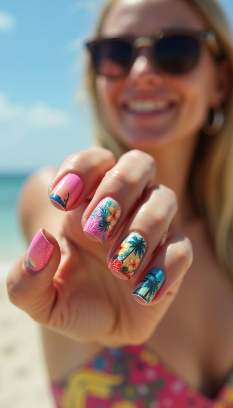 Woman displaying colorful summer coffin nails with tropical and sunset motifs, ideal for trendy summer look in 2025