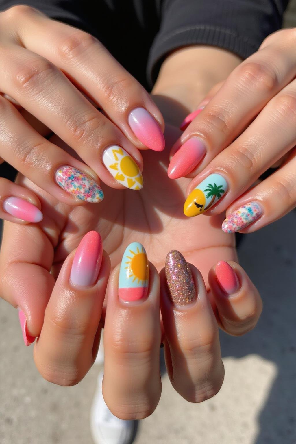 Cute summer almond nails with ombre design and floral patterns in a sunny setting.