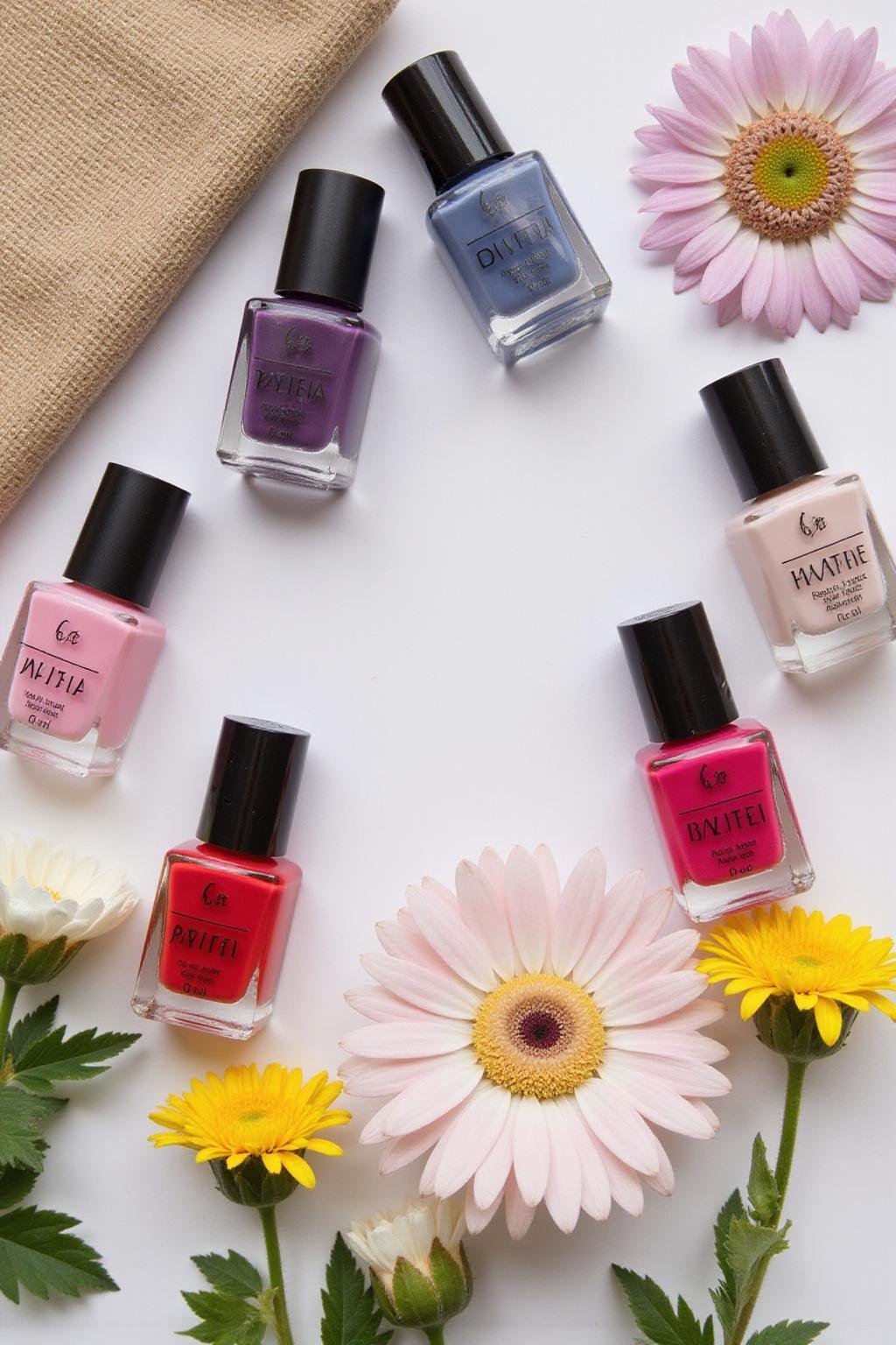 Flat lay de vernis à ongles et d'ongles en forme d'amande avec des accents floraux d'été.