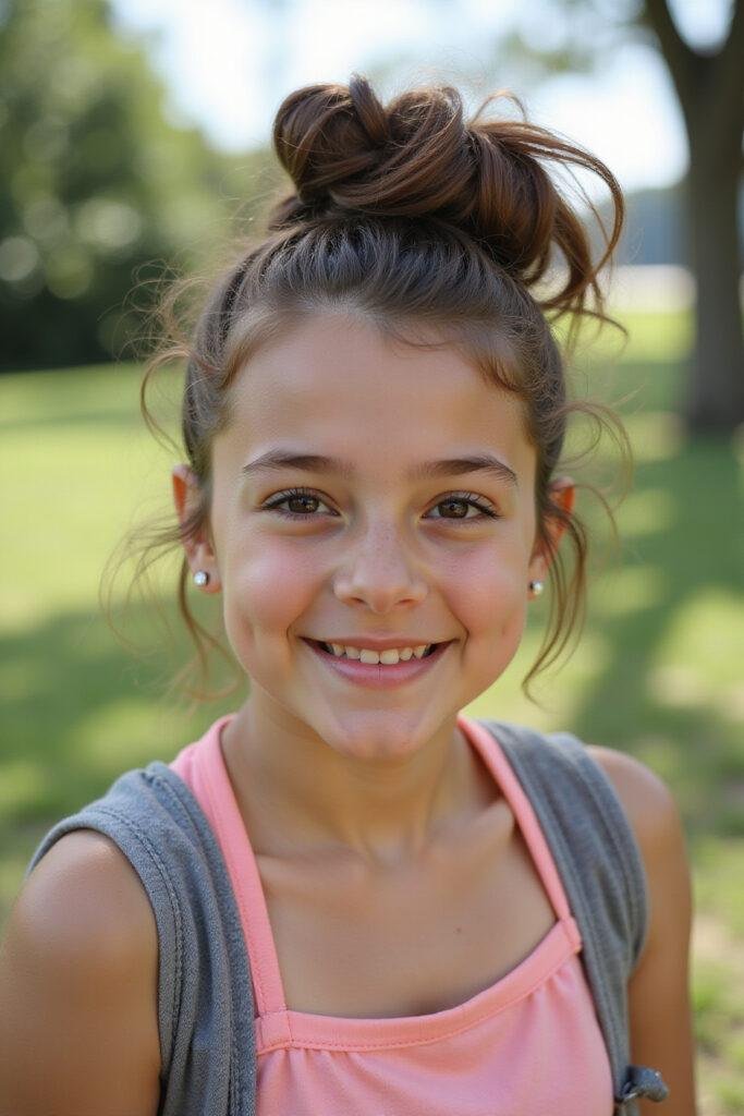 Teen girl with a messy bun hairstyle enjoying summer outdoors