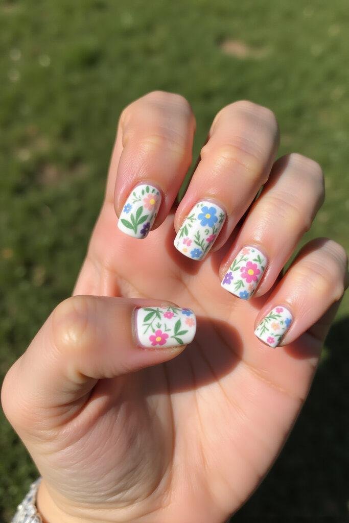 Close-up of a hand with colorful pastel floral summer nails, perfect for summer 2025 trends