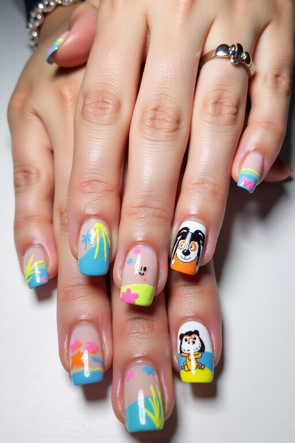 Display of trendy summer nail designs with bright neon colors and playful patterns for 2025