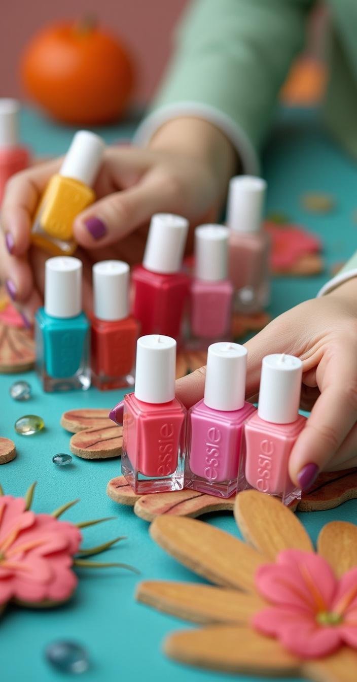 Vibrant summer nail polish bottles arranged on a colorful table with summer-themed decorations
