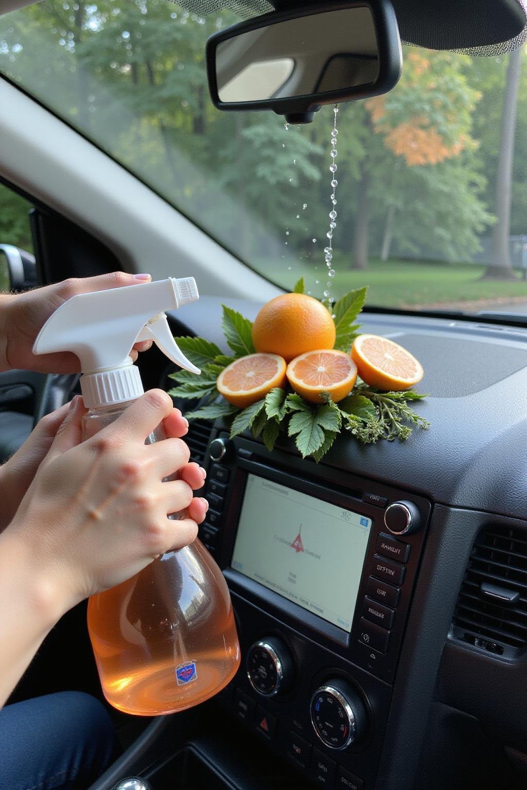 Person using DIY air freshener spray in a car interior with citrus and herbs on dashboard