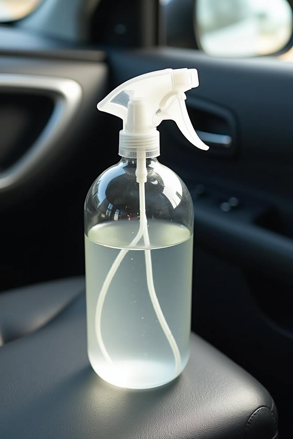 Homemade air freshener bottle with essential oils on a car seat