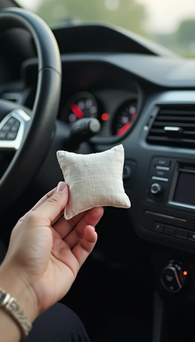 DIY air freshener sachet near car air vent for freshening the vehicle interior