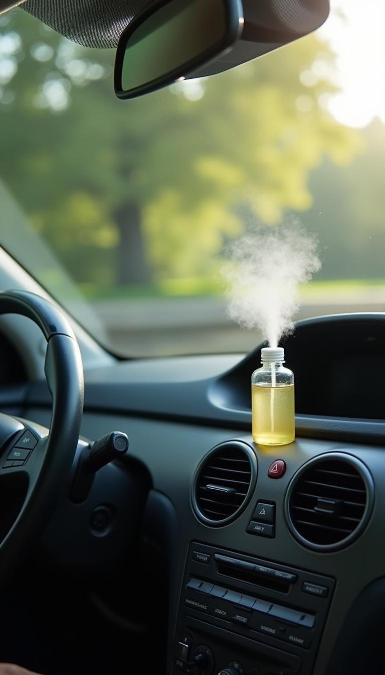 Clean car interior with a homemade air freshener bottle on the dashboard for fresh scent