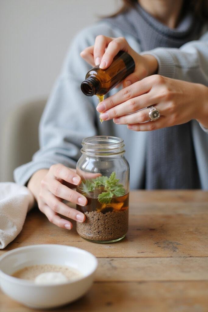Person preparing a homemade air freshener with essential oils and a glass bottle in a cozy home setting