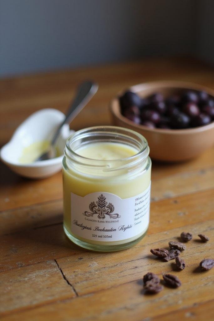 Close-up of a DIY allergy relief balm jar with herbal ingredients on a wooden surface