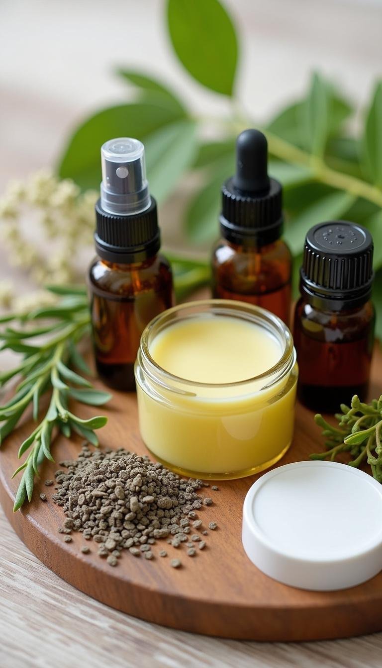 Herbs and essential oils ingredients for homemade allergy relief balm on a white background