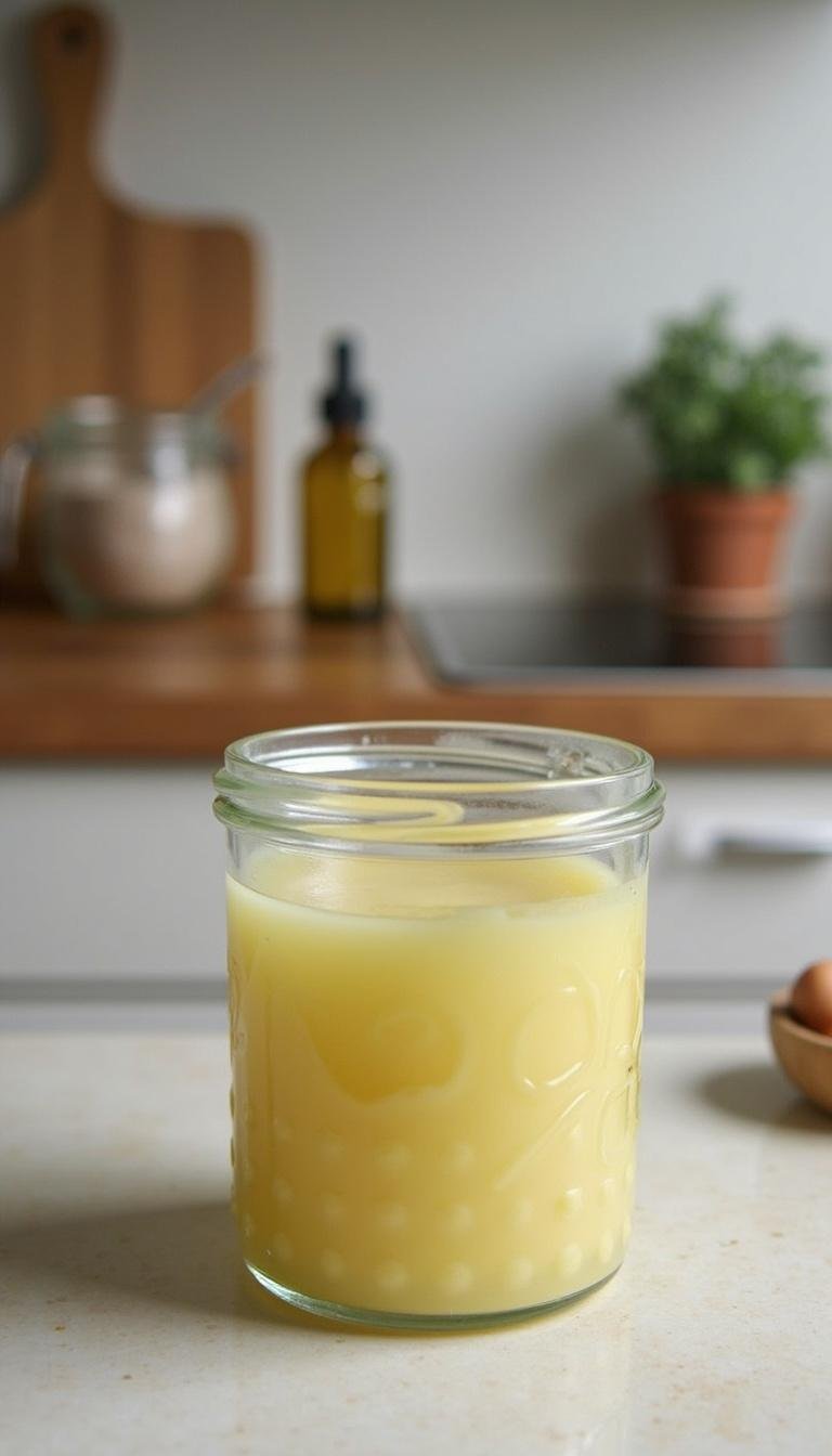 Homemade allergy relief balm preparation scene with tools and ingredients on countertop