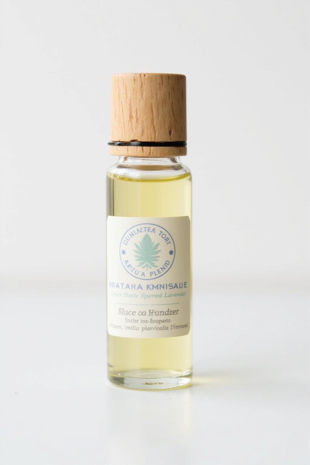 DIY allergy relief roller blend in a glass bottle with essential oils and a wooden rollerball on white background