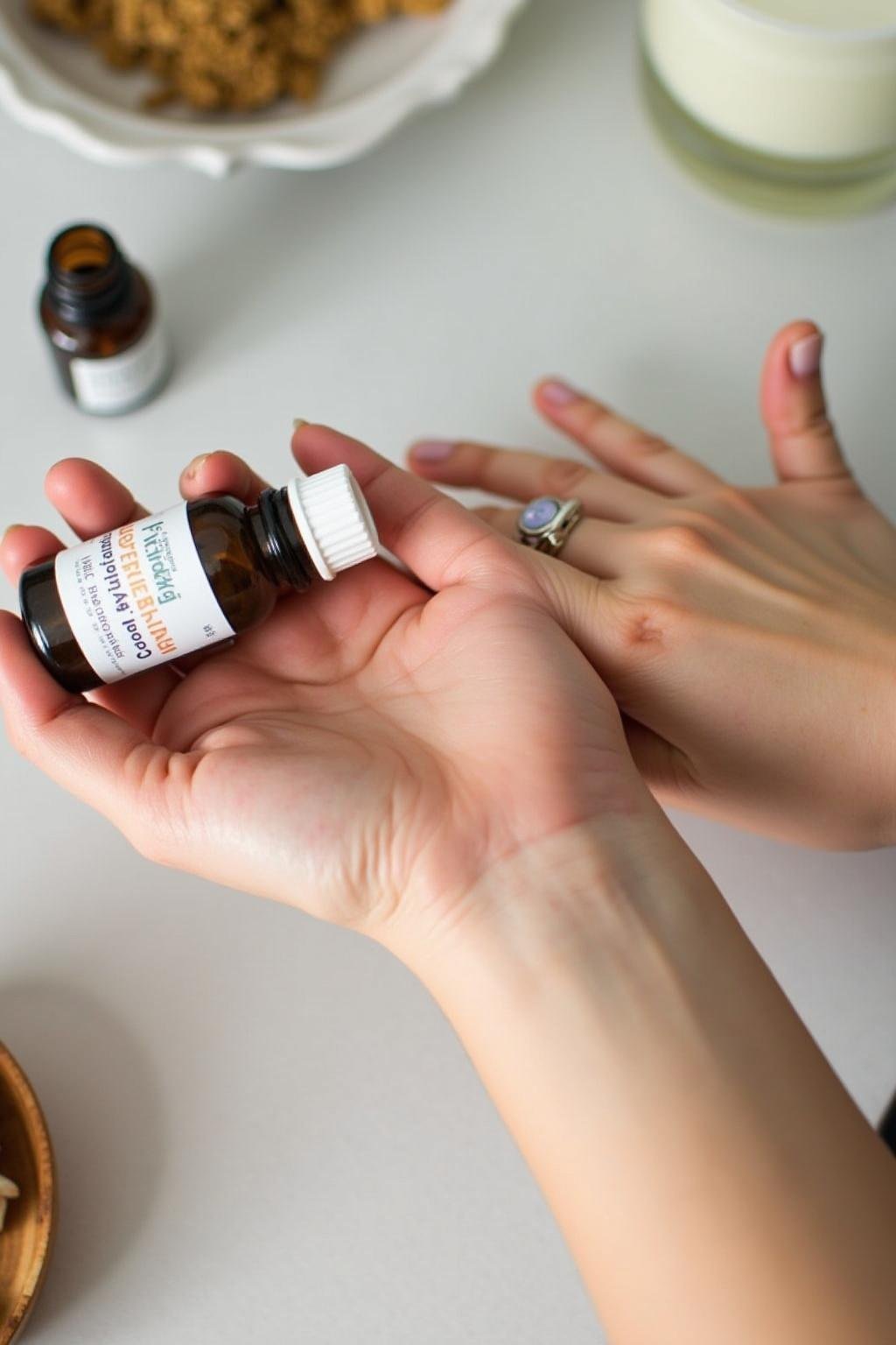 Person applying DIY allergy relief roller blend to wrist, showing natural ingredients and essential oil bottles