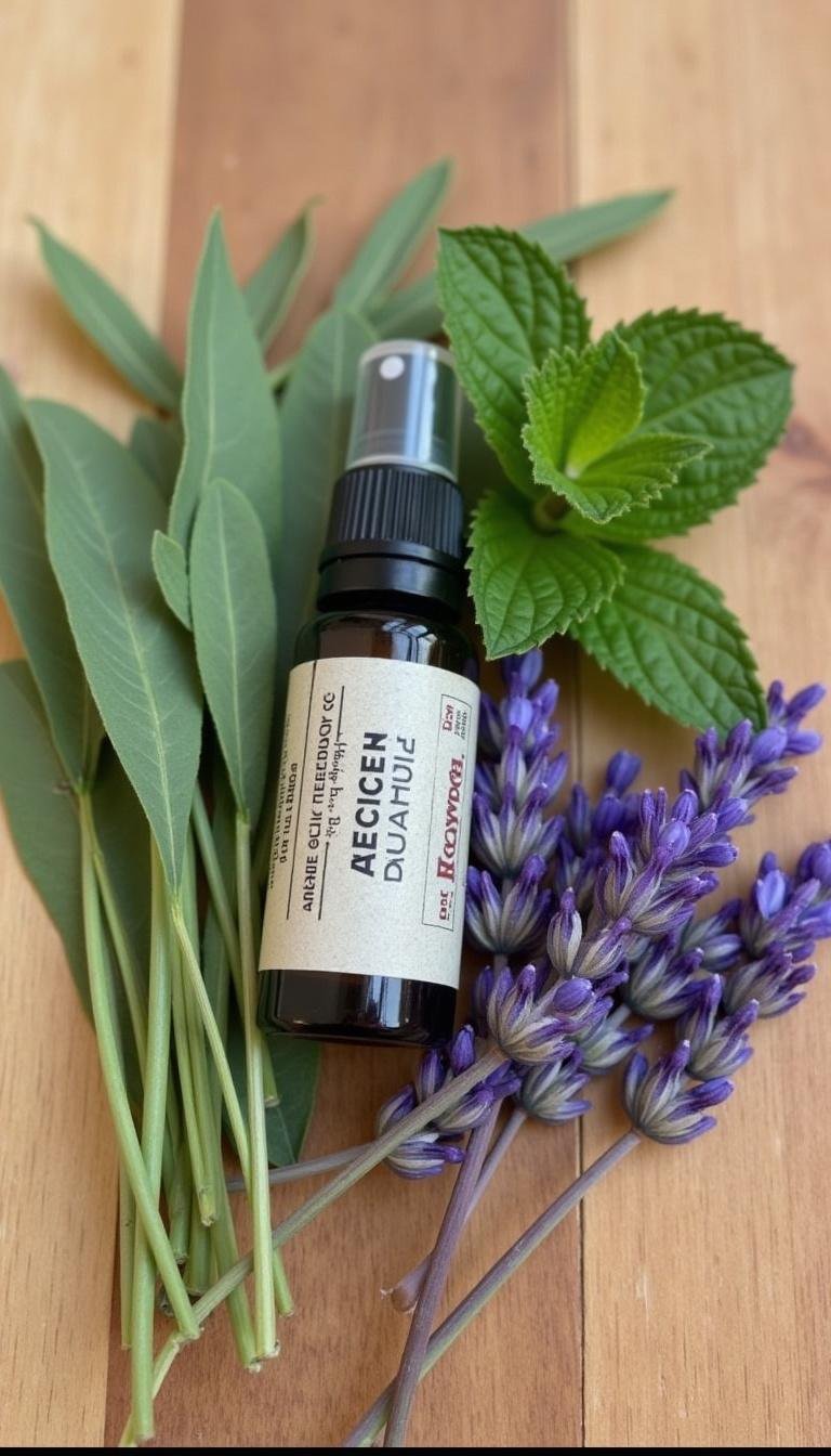 Natural ingredients for DIY allergy relief roller blend on wooden background, including eucalyptus, peppermint, lavender, and carrier oil