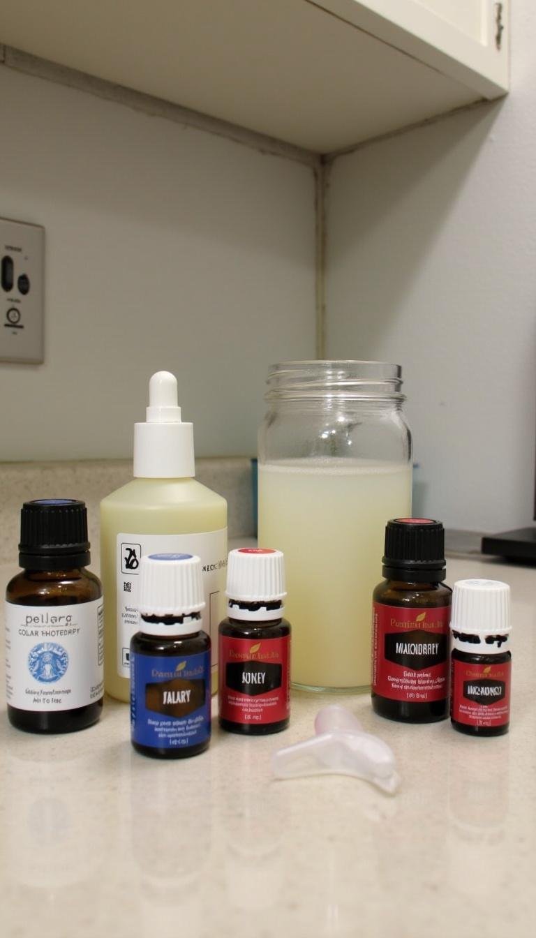Preparing DIY allergy relief roller blend with essential oils and measuring tools on kitchen counter