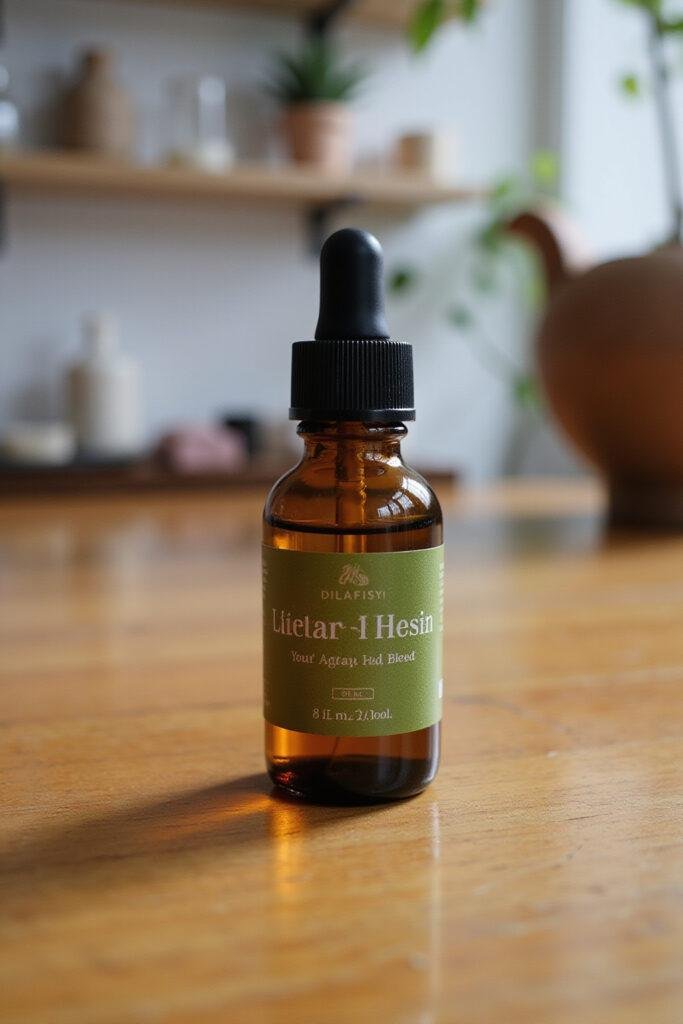 Close-up of a glass roller bottle containing herbal anti-aging oil blend on a wooden surface