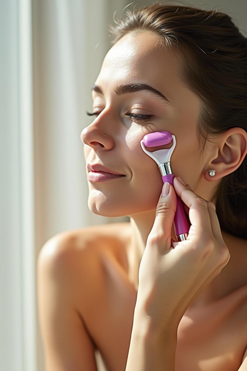 Woman applying DIY anti-aging wrinkle roller on her face in bright natural light