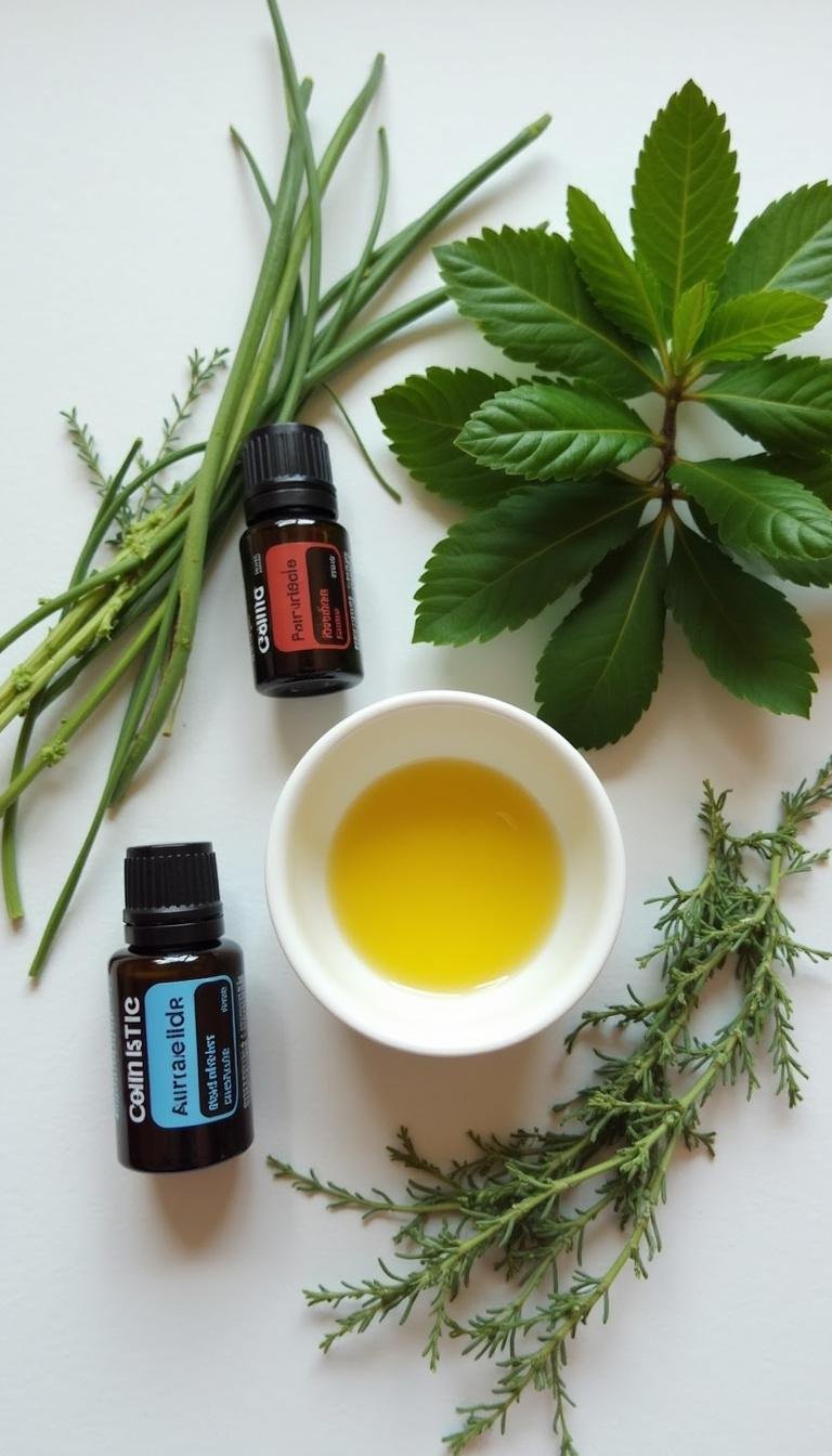 Herbs and essential oils displayed with a mixing bowl for DIY anti-aging wrinkle roller