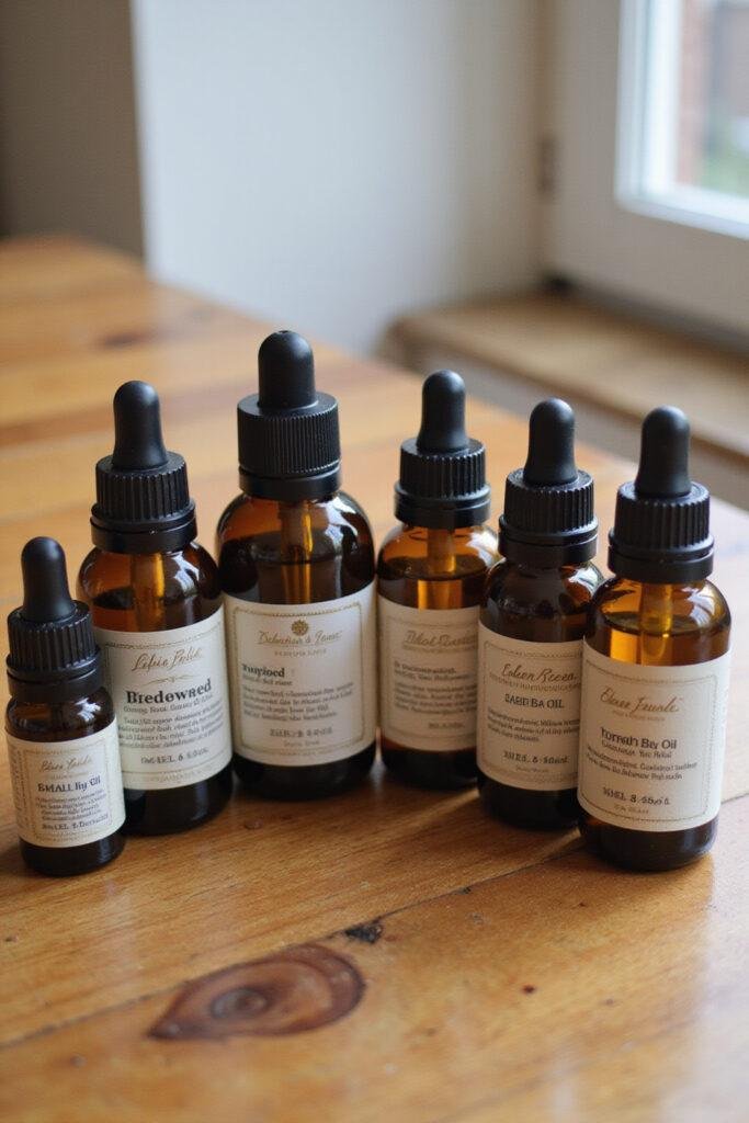 Assorted essential and carrier oils for making DIY bath oil recipes on a wooden surface