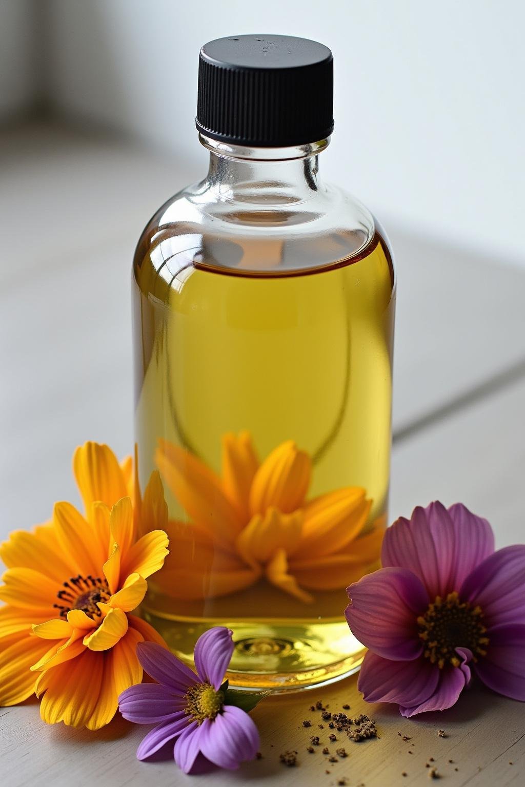 Homemade bath oil in glass bottle with dried flowers and herbs for soothing bath recipes
