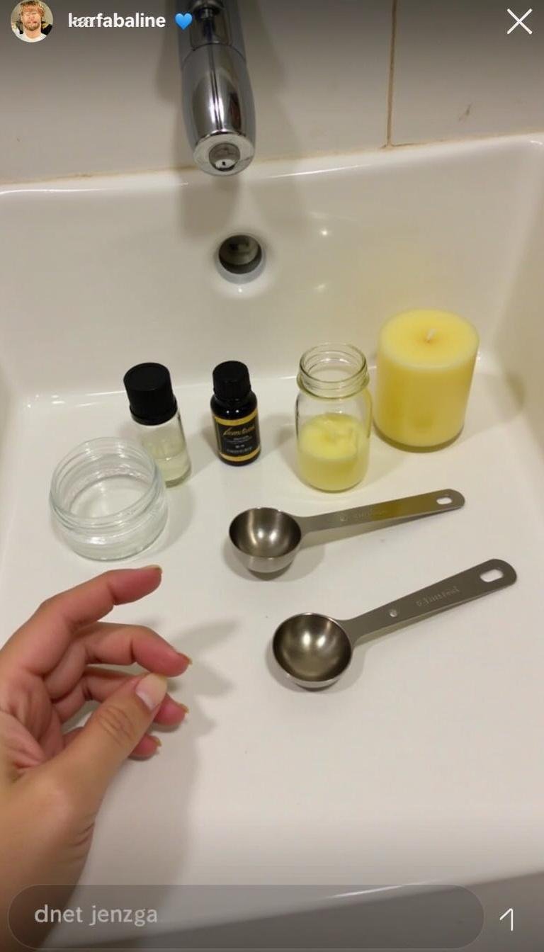 Preparing DIY bath oil at home with ingredients like essential oils, measuring tools, and candles