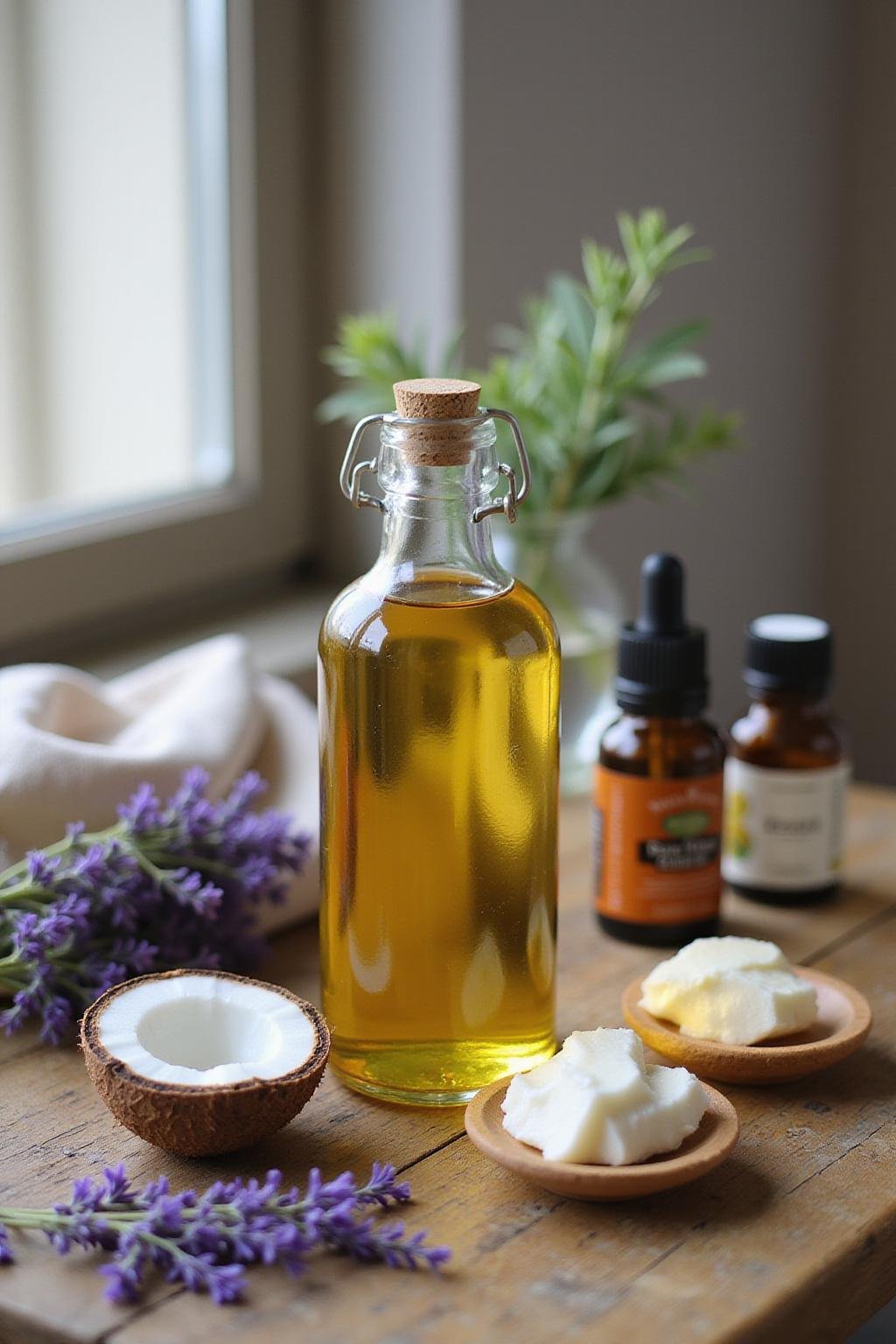 Homemade body oil in a glass bottle with coconut oil, lavender, and essential oils on a wooden table for glowing skin