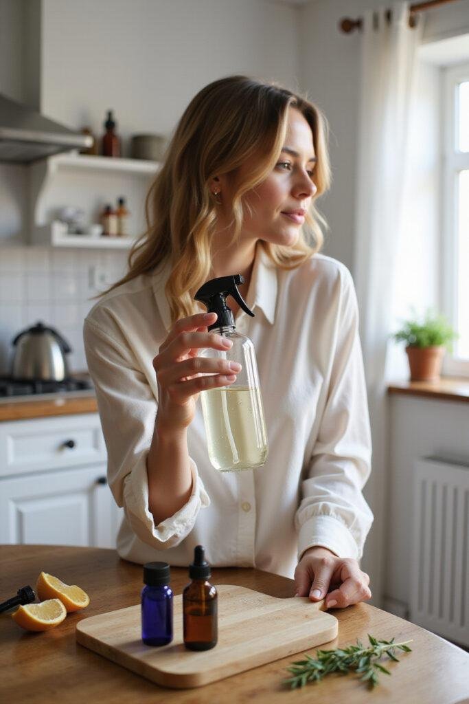 Young woman making DIY body spray with essential oils in a bright kitchen, holding a spray bottle.