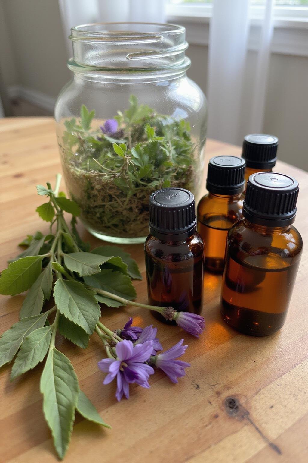 Close-up of essential oil bottles and fresh herbs used for making DIY body spray.
