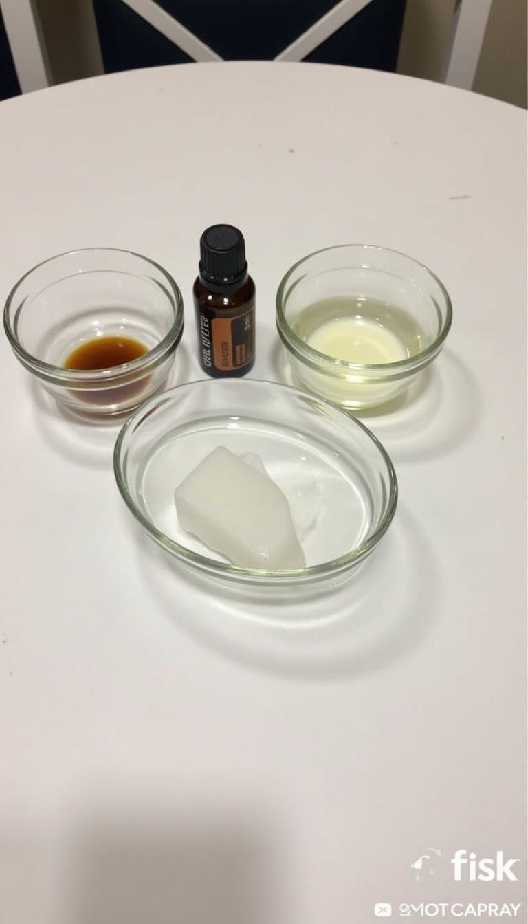Ingredients ready for making DIY body spray with essential oils, placed on a clean table.