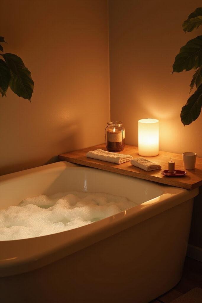 Relaxing bathroom with a bubble-filled bathtub, candles, and calming ambiance for a DIY bubble bath scene