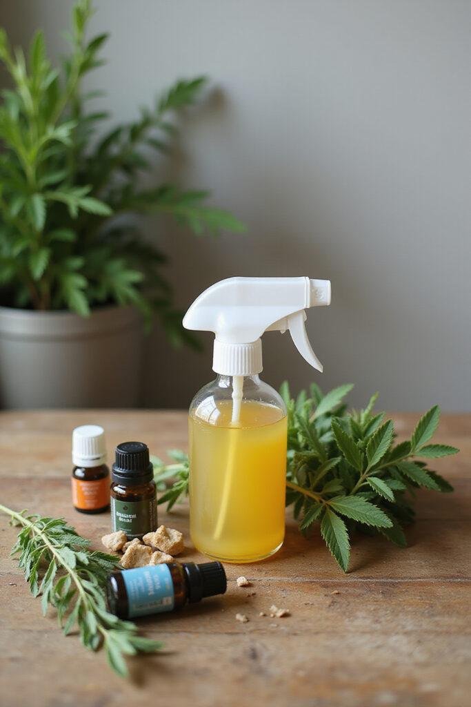 Homemade bug spray in a glass spray bottle with essential oils on a wooden surface