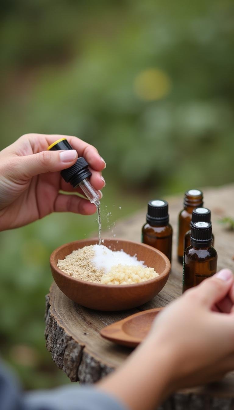 Person preparing DIY bug spray with essential oils in a bowl