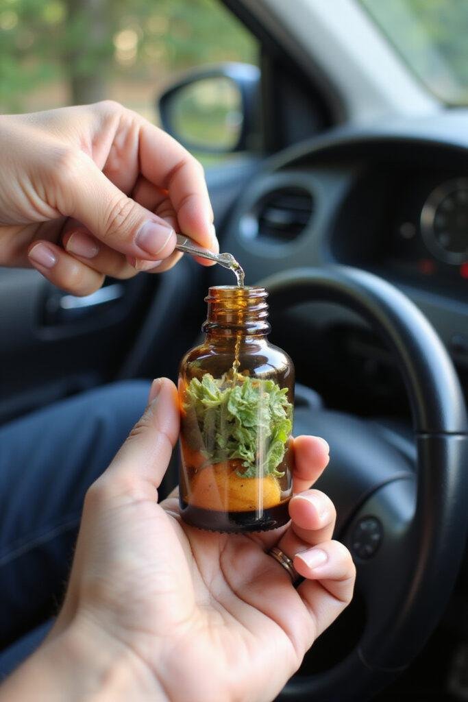 Person mixing essential oils in a glass bottle for homemade car air freshener.