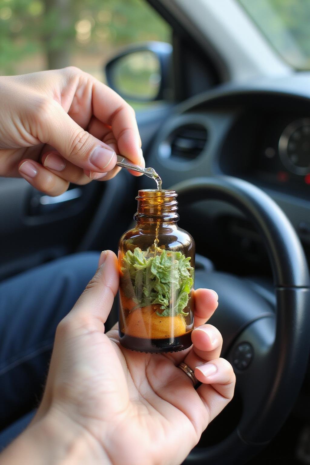 Person mixing essential oils in a glass bottle for homemade car air freshener.