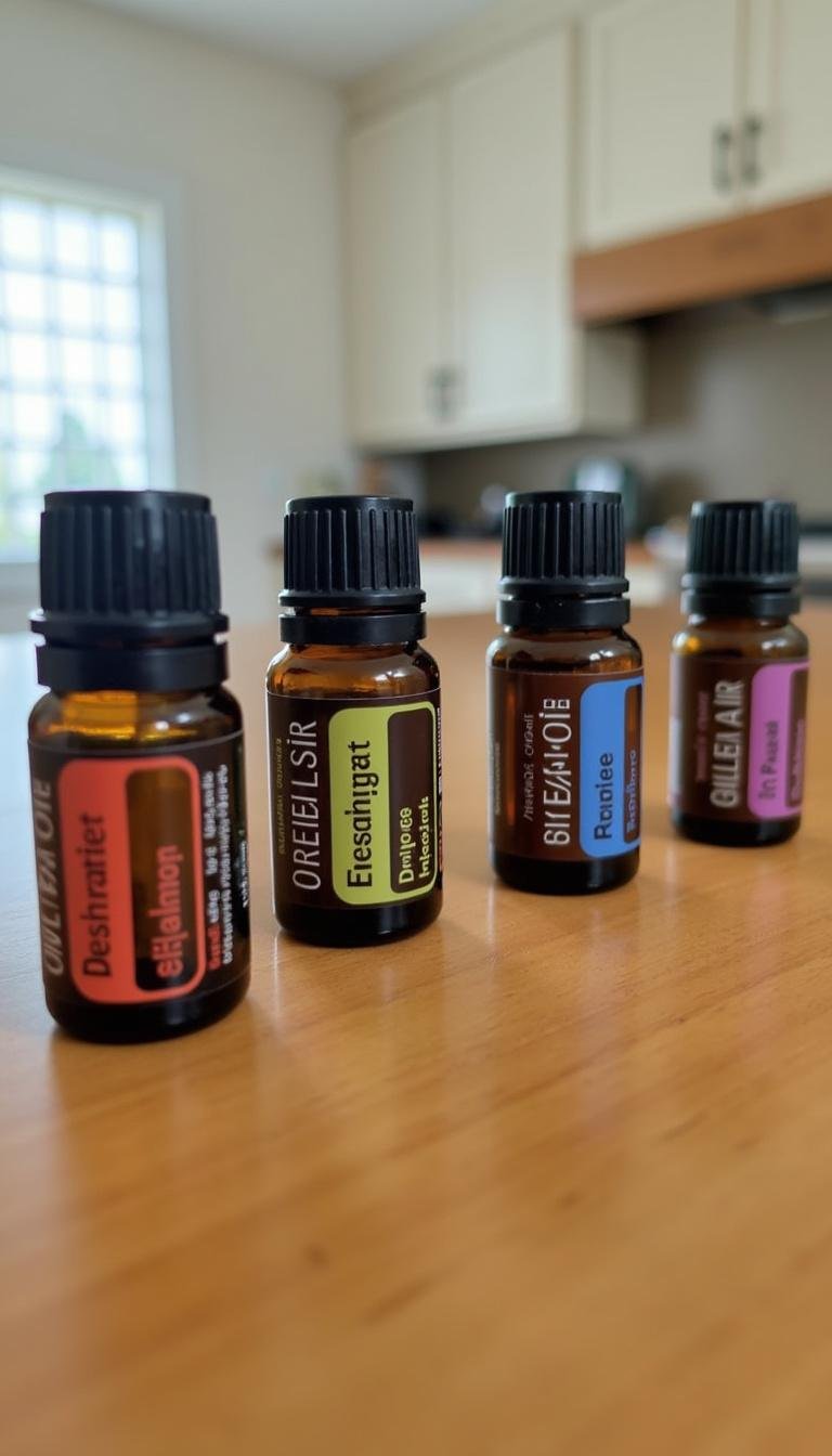 Collection of essential oils on a table for DIY car air freshener project.