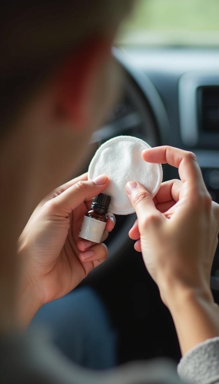Person adding essential oils to a cotton pad for DIY car air freshener.