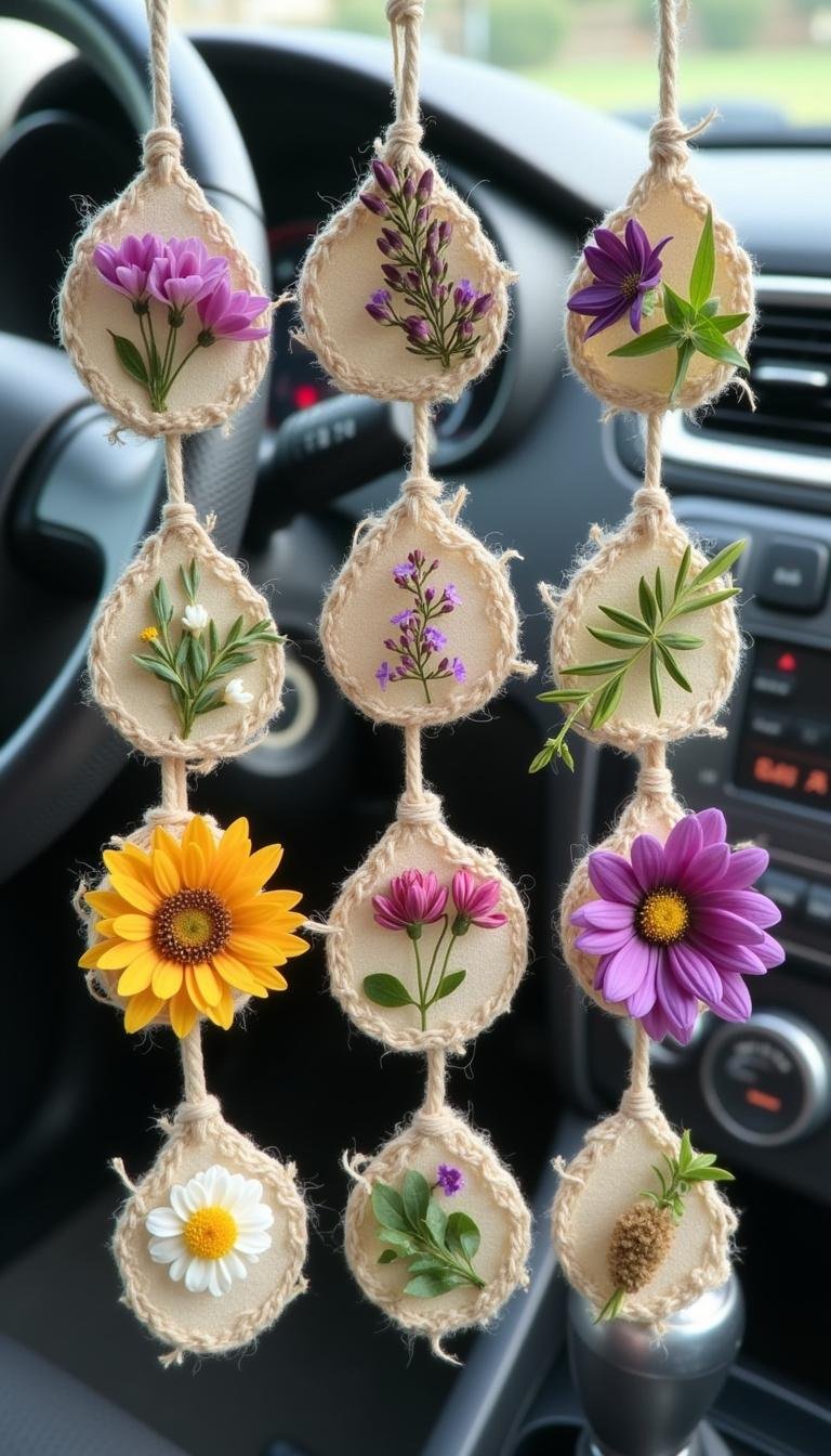 Variety of DIY car air fresheners decorated with natural materials and essential oils.