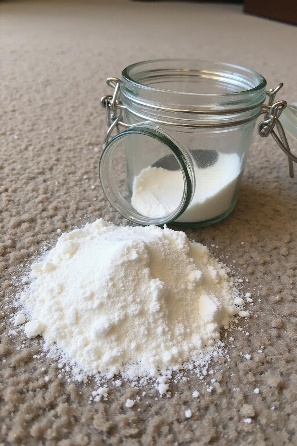 Close-up of DIY carpet deodorizer powder in a glass jar with a scoop on a wooden surface