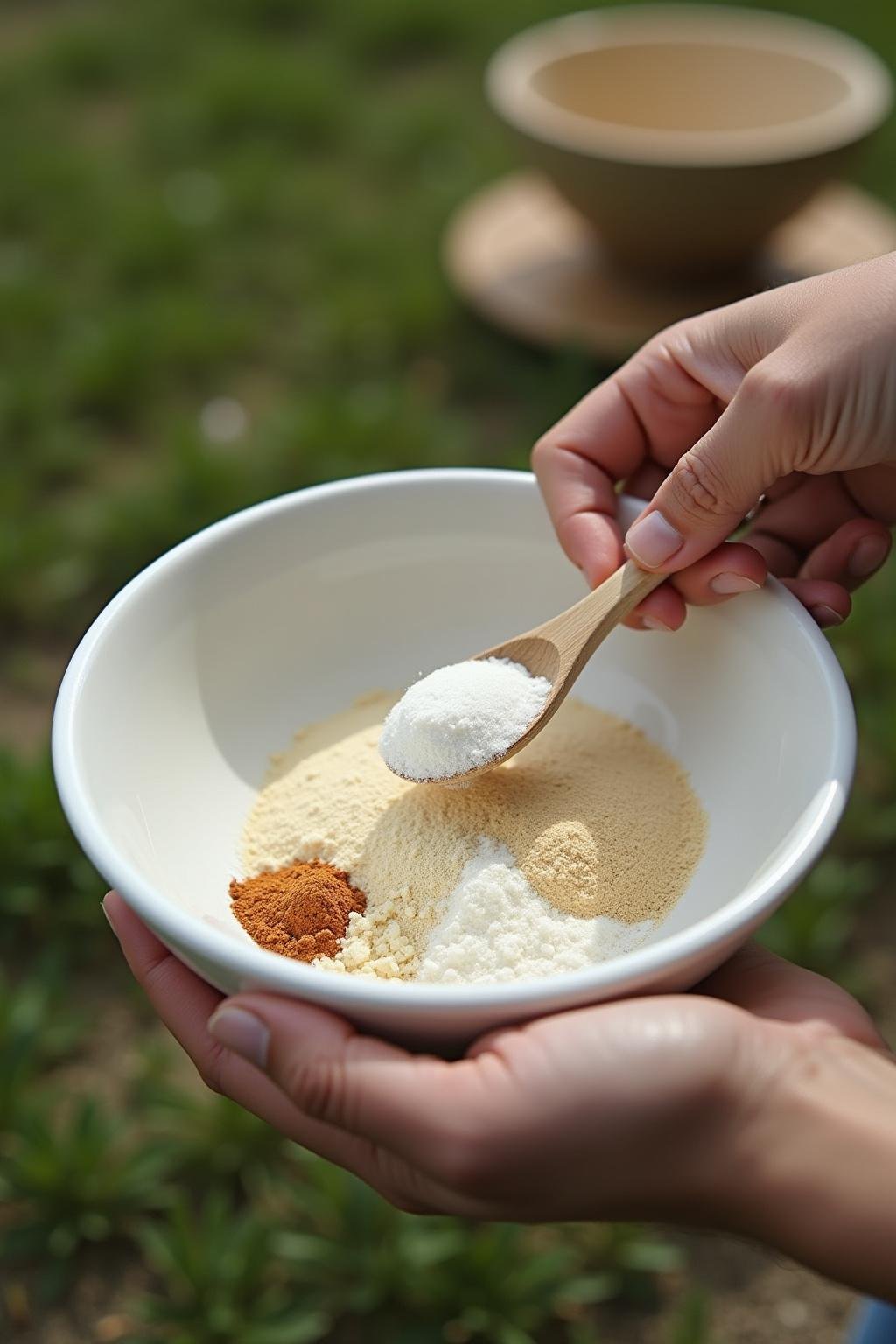 Person mixing natural ingredients in a bowl outdoors for homemade carpet deodorizer powder