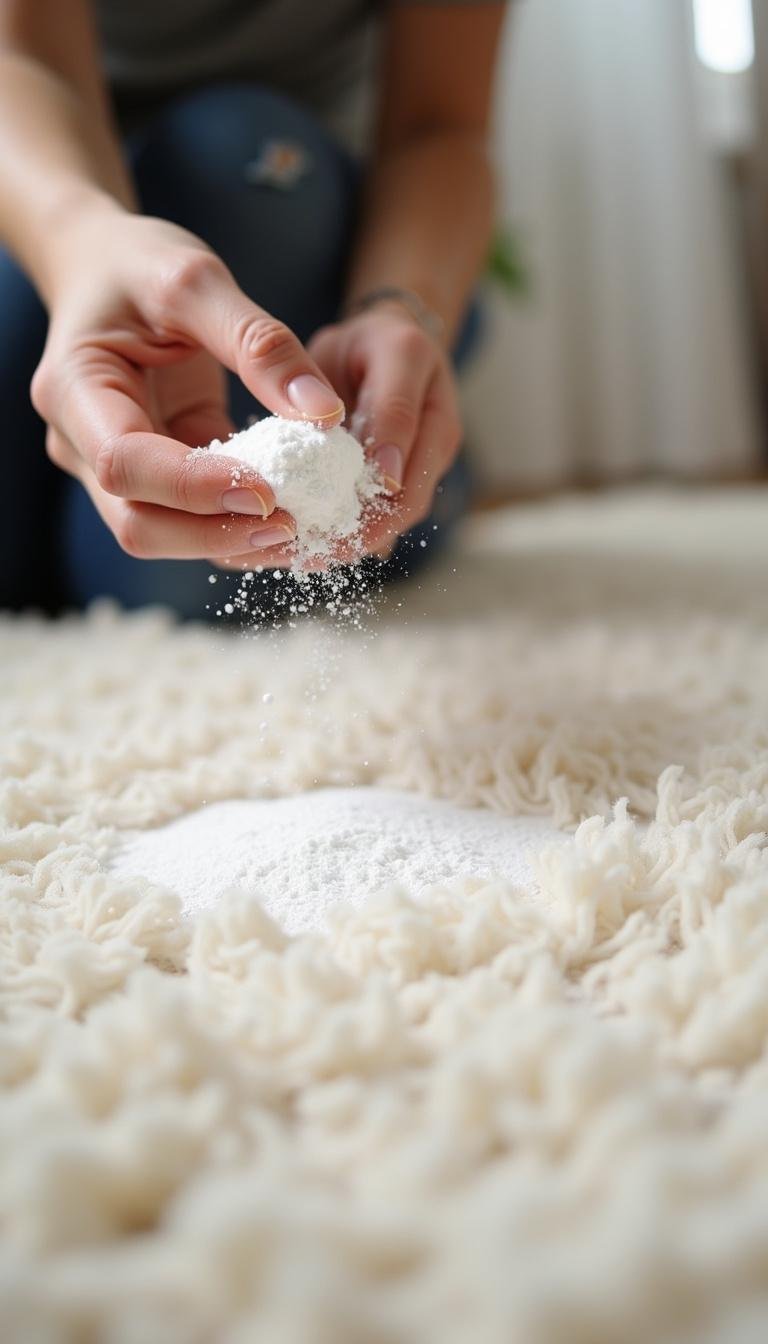 Woman sprinkling DIY deodorizer powder onto a clean, fluffy carpet