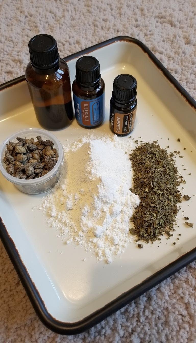 Tray showing ingredients for DIY carpet deodorizer powder including baking soda, essential oils, and herbs