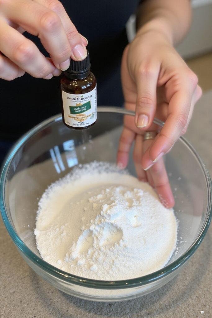 Someone preparing a DIY carpet deodorizer by blending baking soda and essential oils in a bowl